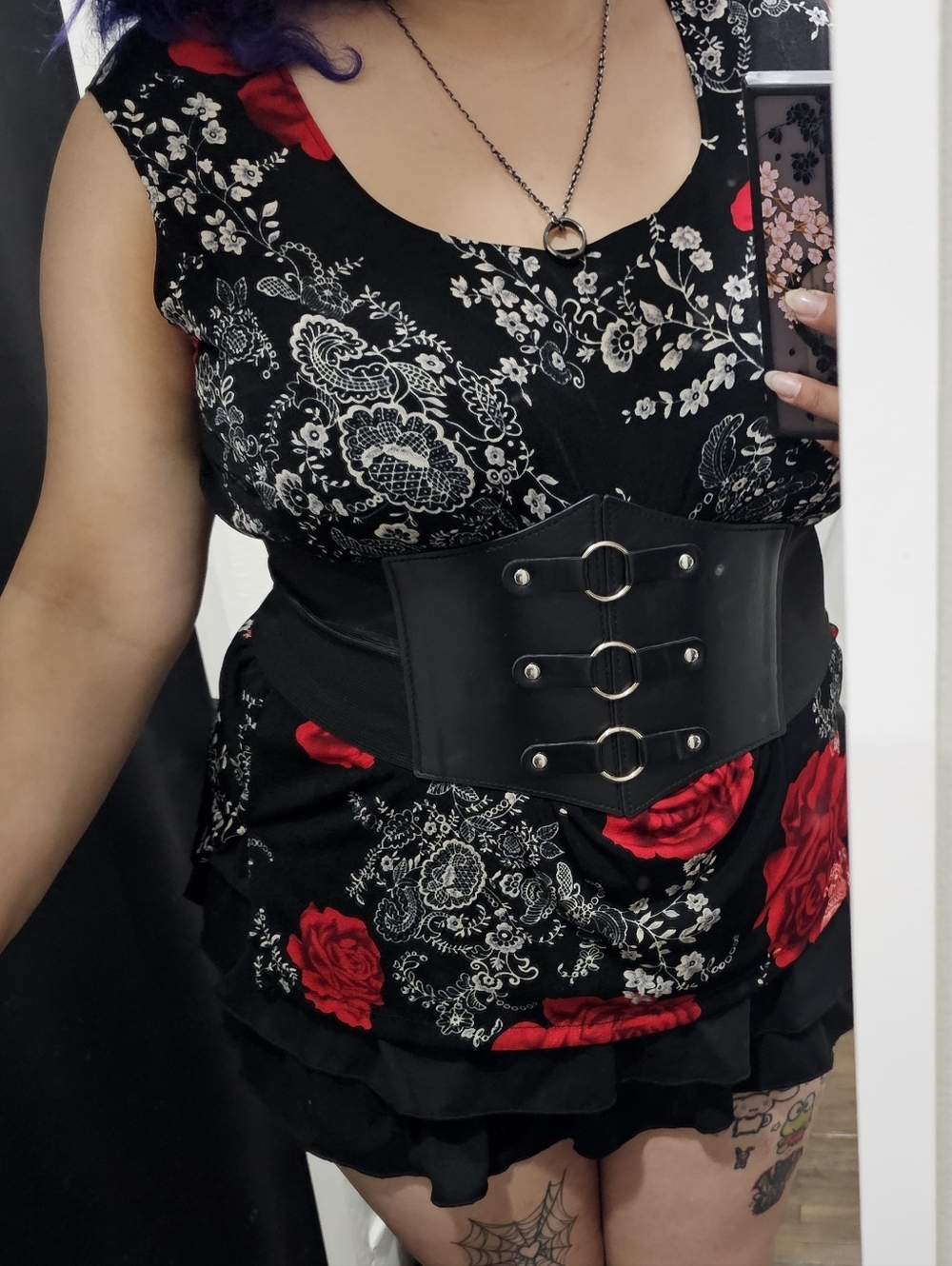 Y2K Black Floral Blouse w/ Red Rose Print